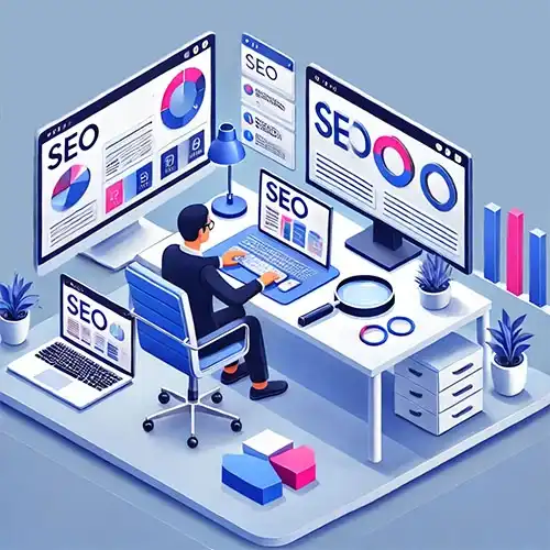 A digital illustration of an SEO expert working at a desk with two monitors displaying SEO analytics and keyword research.